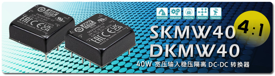SKMW40 & DKMW40 4:1 輸入 40W 的單組輸出 SKMW40 及雙組輸出電源解決方案